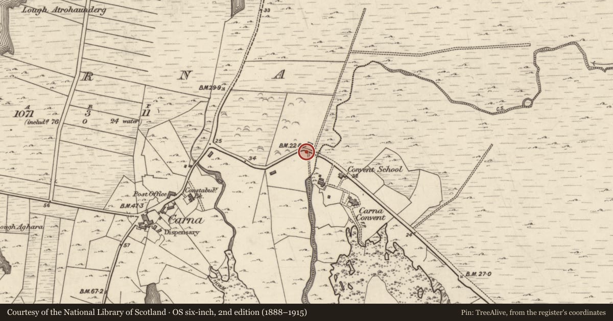 Ordnance Survey six-inch map, 2nd edition (1888–1915) covering the location of Water mill - unclassified, Carna, County Galway, with a pin at the register's coordinates