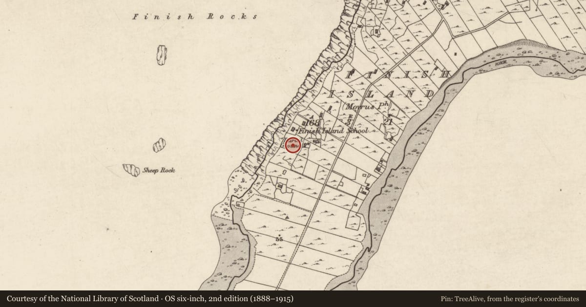 Ordnance Survey six-inch map, 2nd edition (1888–1915) covering the location of Children's burial ground, Fínis, County Galway, with a pin at the register's coordinates