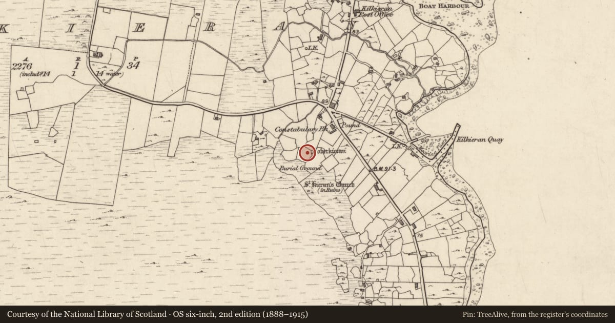 Ordnance Survey six-inch map, 2nd edition (1888–1915) covering the location of Ritual site - holy well, Cill Chiaráin, County Galway, with a pin at the register's coordinates