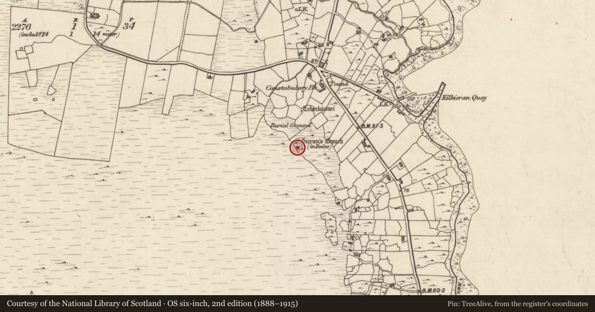 Ordnance Survey six-inch map, 2nd edition (1888–1915) covering the location of Church, Cill Chiaráin, County Galway, with a pin at the register's coordinates