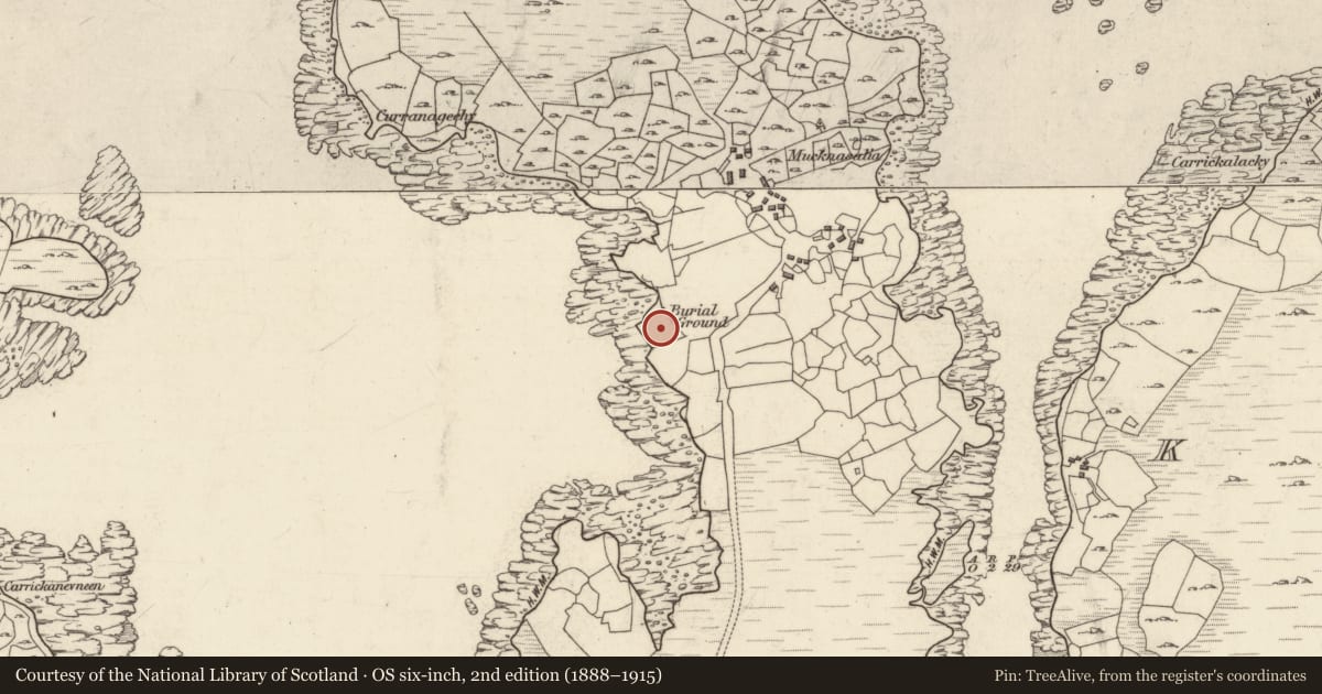 Ordnance Survey six-inch map, 2nd edition (1888–1915) covering the location of Burial ground, Muiceanach Idir Dhá Sháile, County Galway, with a pin at the register's coordinates