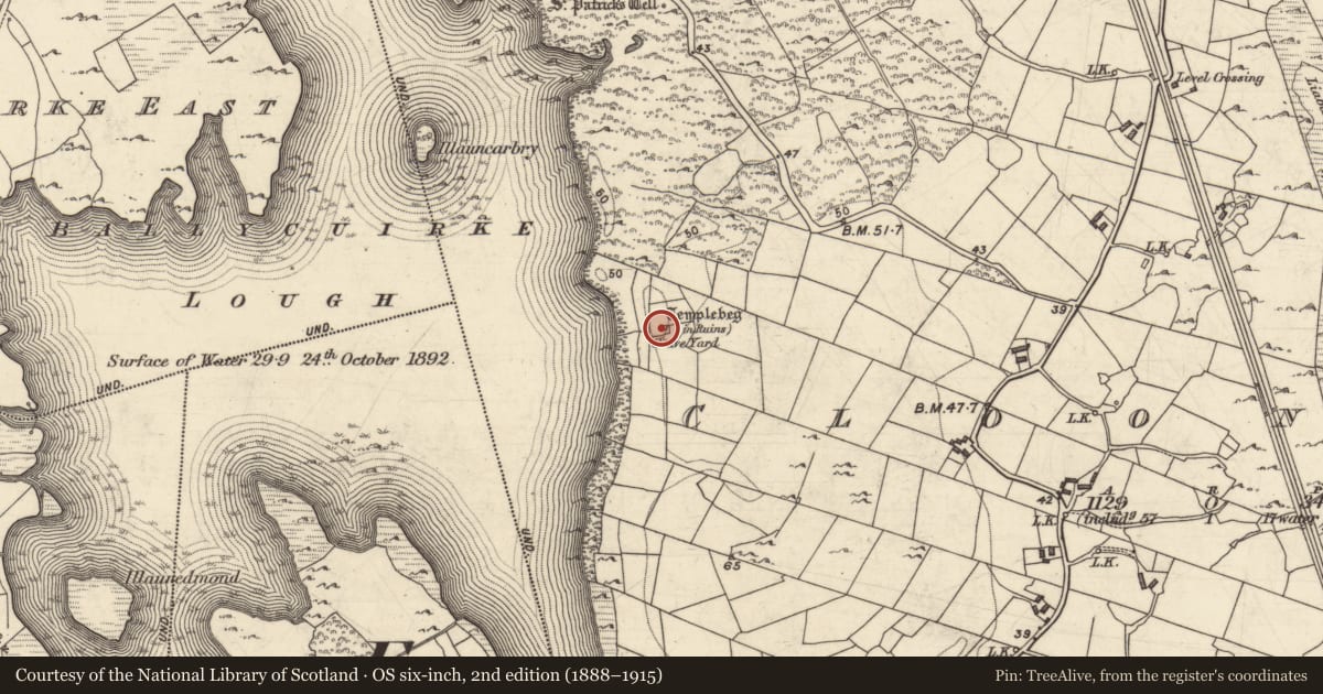 Ordnance Survey six-inch map, 2nd edition (1888–1915) covering the location of Church, Cluain Duibh, County Galway, with a pin at the register's coordinates