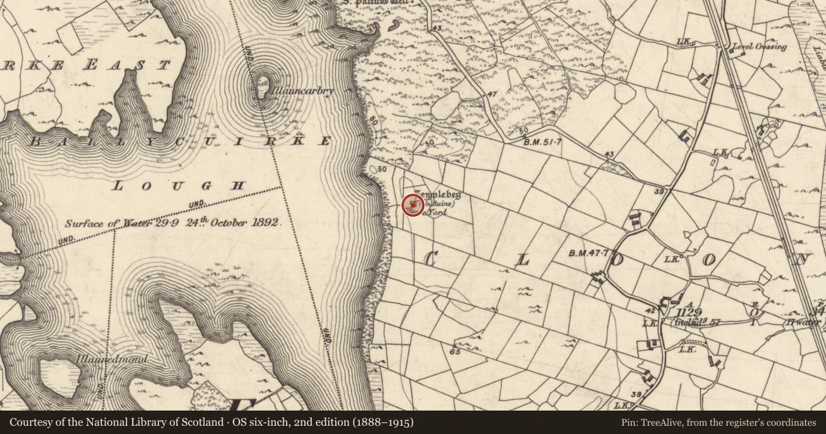 Ordnance Survey six-inch map, 2nd edition (1888–1915) covering the location of Children's burial ground, Cluain Duibh, County Galway, with a pin at the register's coordinates