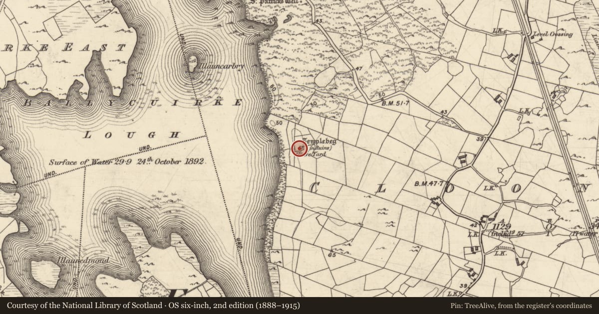 Ordnance Survey six-inch map, 2nd edition (1888–1915) covering the location of Bullaun stone, Cluain Duibh, County Galway, with a pin at the register's coordinates