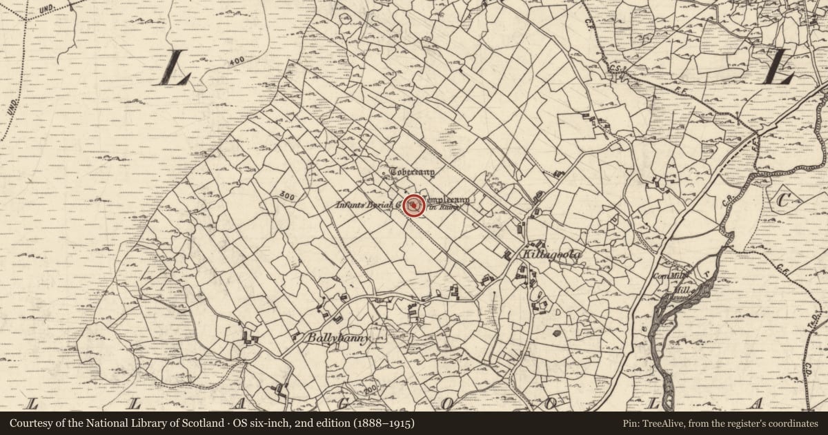 Ordnance Survey six-inch map, 2nd edition (1888–1915) covering the location of Church, Cill Ogúla, County Galway, with a pin at the register's coordinates