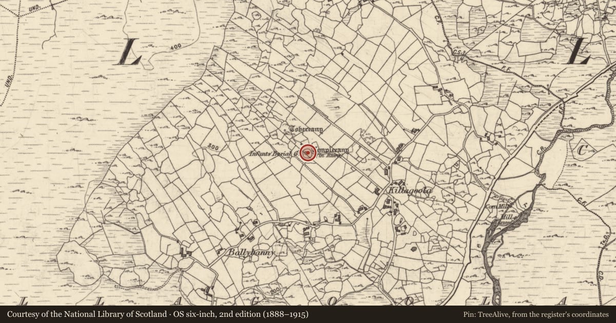 Ordnance Survey six-inch map, 2nd edition (1888–1915) covering the location of Bullaun stone, Cill Ogúla, County Galway, with a pin at the register's coordinates