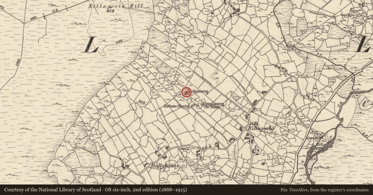 Ordnance Survey six-inch map, 2nd edition (1888–1915) covering the location of Ritual site - holy well, Cill Ogúla, County Galway, with a pin at the register's coordinates