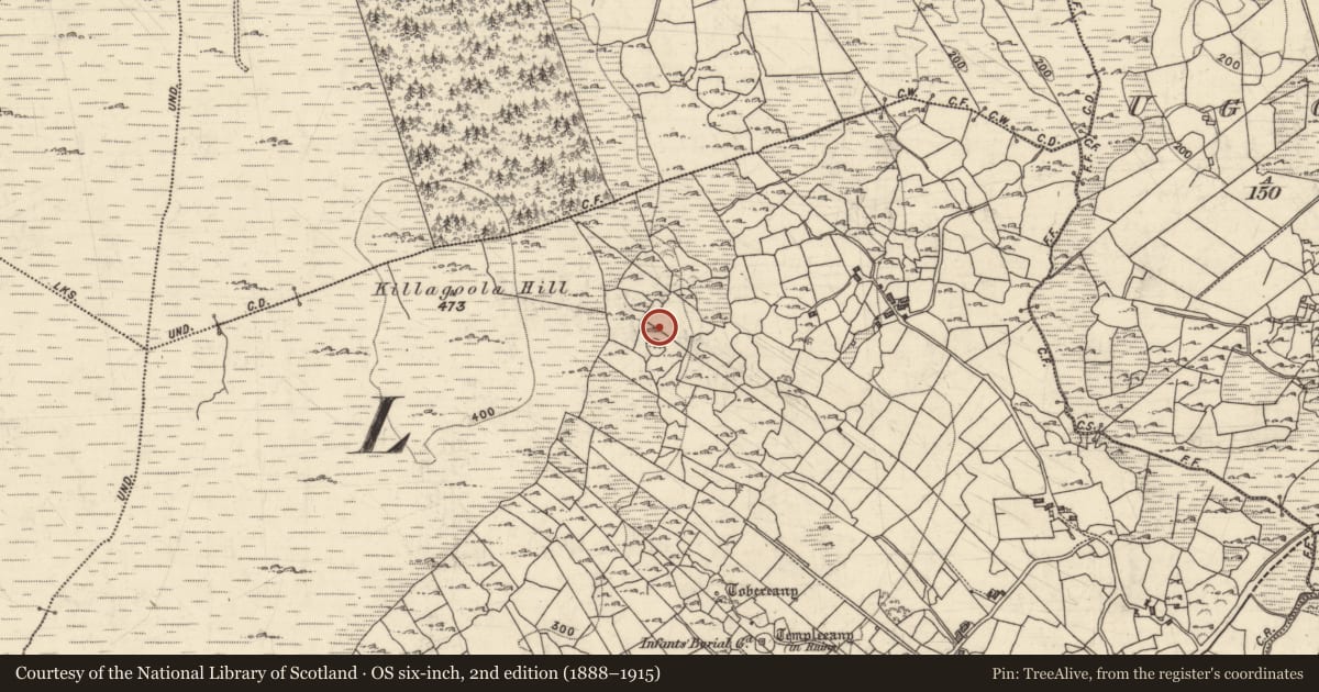 Ordnance Survey six-inch map, 2nd edition (1888–1915) covering the location of Enclosure, Cill Ogúla, County Galway, with a pin at the register's coordinates
