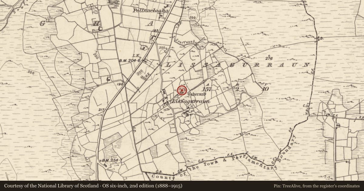 Ordnance Survey six-inch map, 2nd edition (1888–1915) covering the location of Ringfort - cashel, Lios An Gharráin, County Galway, with a pin at the register's coordinates