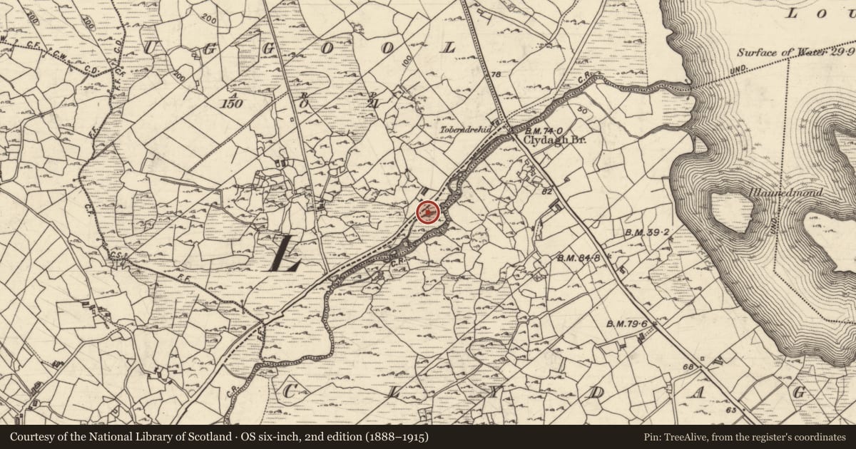 Ordnance Survey six-inch map, 2nd edition (1888–1915) covering the location of Water mill - horizontal-wheeled, Ogúil, County Galway, with a pin at the register's coordinates
