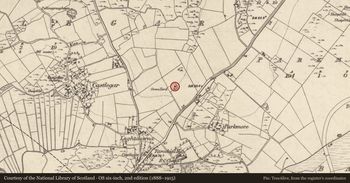 Ordnance Survey six-inch map, 2nd edition (1888–1915) covering the location of Children's burial ground, Castlegar, County Galway, with a pin at the register's coordinates