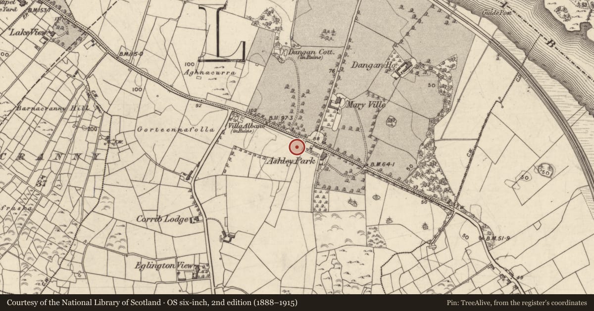 Ordnance Survey six-inch map, 2nd edition (1888–1915) covering the location of Well, Dangan Upper, County Galway, with a pin at the register's coordinates