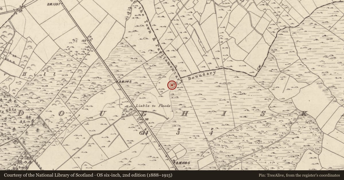 Ordnance Survey six-inch map, 2nd edition (1888–1915) covering the location of Fulacht fia, Doughiska, County Galway, with a pin at the register's coordinates