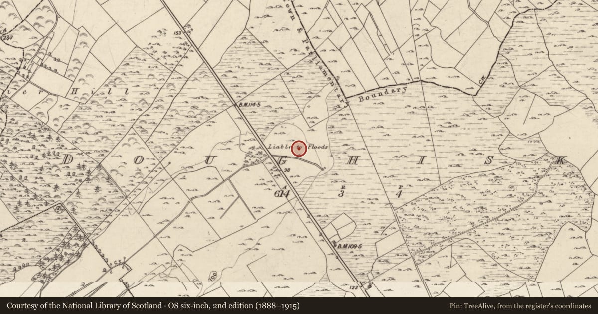 Ordnance Survey six-inch map, 2nd edition (1888–1915) covering the location of Road - road/trackway, Doughiska, County Galway, with a pin at the register's coordinates