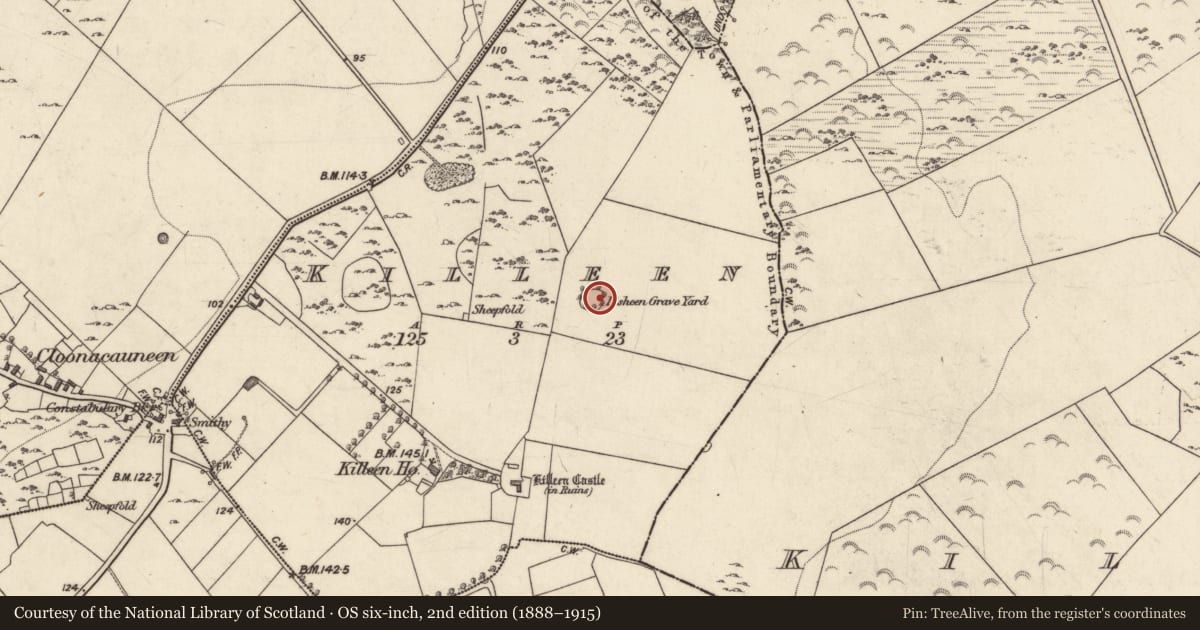 Ordnance Survey six-inch map, 2nd edition (1888–1915) covering the location of Children's burial ground, Killeen, County Galway, with a pin at the register's coordinates