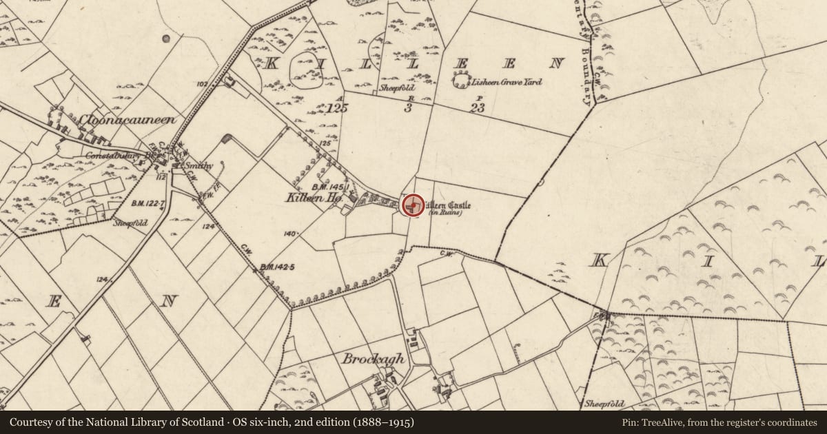 Ordnance Survey six-inch map, 2nd edition (1888–1915) covering the location of Castle - tower house, Killeen, County Galway, with a pin at the register's coordinates