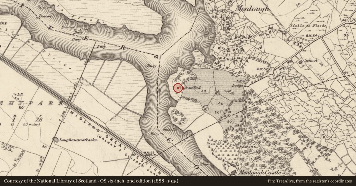 Ordnance Survey six-inch map, 2nd edition (1888–1915) covering the location of Burial ground, Menlough, County Galway, with a pin at the register's coordinates