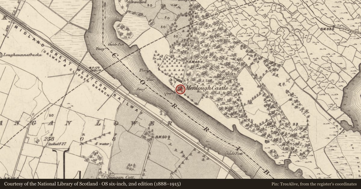 Ordnance Survey six-inch map, 2nd edition (1888–1915) covering the location of House - 17th century, Menlough, County Galway, with a pin at the register's coordinates