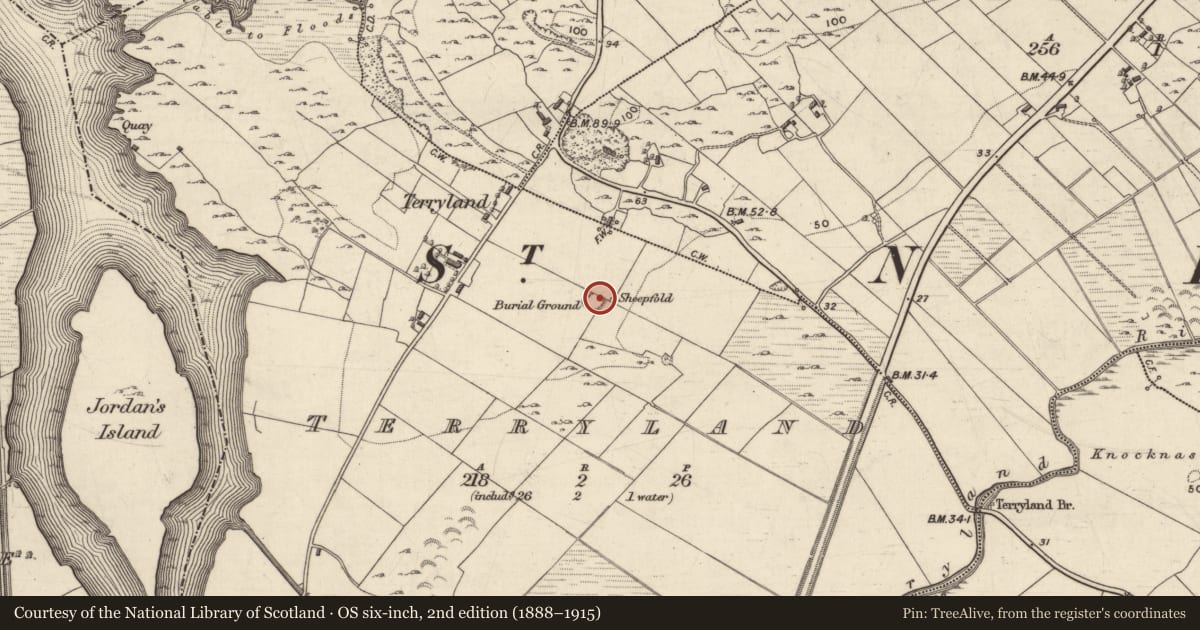 Ordnance Survey six-inch map, 2nd edition (1888–1915) covering the location of Burial ground, Terryland, County Galway, with a pin at the register's coordinates