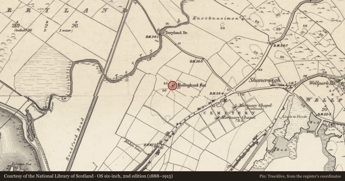 Ordnance Survey six-inch map, 2nd edition (1888–1915) covering the location of Bastioned fort, Townparks (Galway By., St. Nicholas Par.), County Galway, with a pin at the register's coordinates