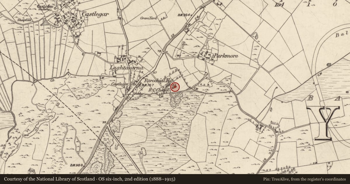 Ordnance Survey six-inch map, 2nd edition (1888–1915) covering the location of Church, Castlegar, County Galway, with a pin at the register's coordinates