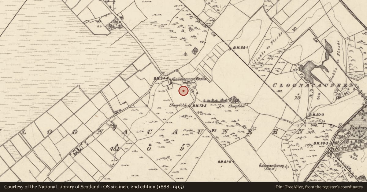 Ordnance Survey six-inch map, 2nd edition (1888–1915) covering the location of Enclosure, Cluain Mhic Cáinín, County Galway, with a pin at the register's coordinates