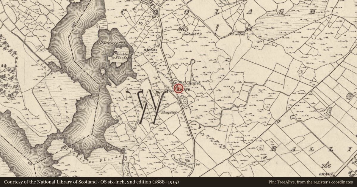 Ordnance Survey six-inch map, 2nd edition (1888–1915) covering the location of Architectural fragment, Coolagh, County Galway, with a pin at the register's coordinates