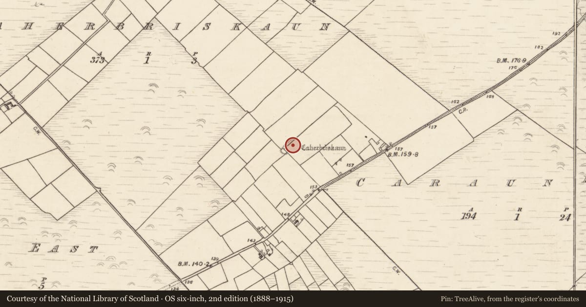 Ordnance Survey six-inch map, 2nd edition (1888–1915) covering the location of Ringfort - cashel, Caherbriskaun, County Galway, with a pin at the register's coordinates