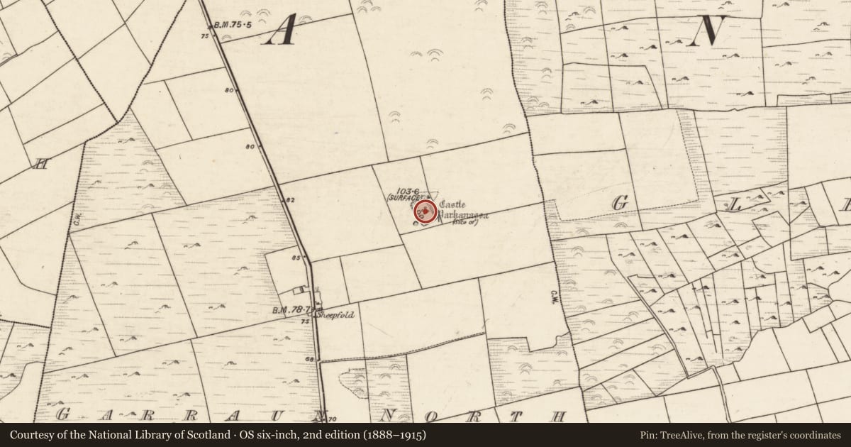 Ordnance Survey six-inch map, 2nd edition (1888–1915) covering the location of Moated site, Garraun North, County Galway, with a pin at the register's coordinates