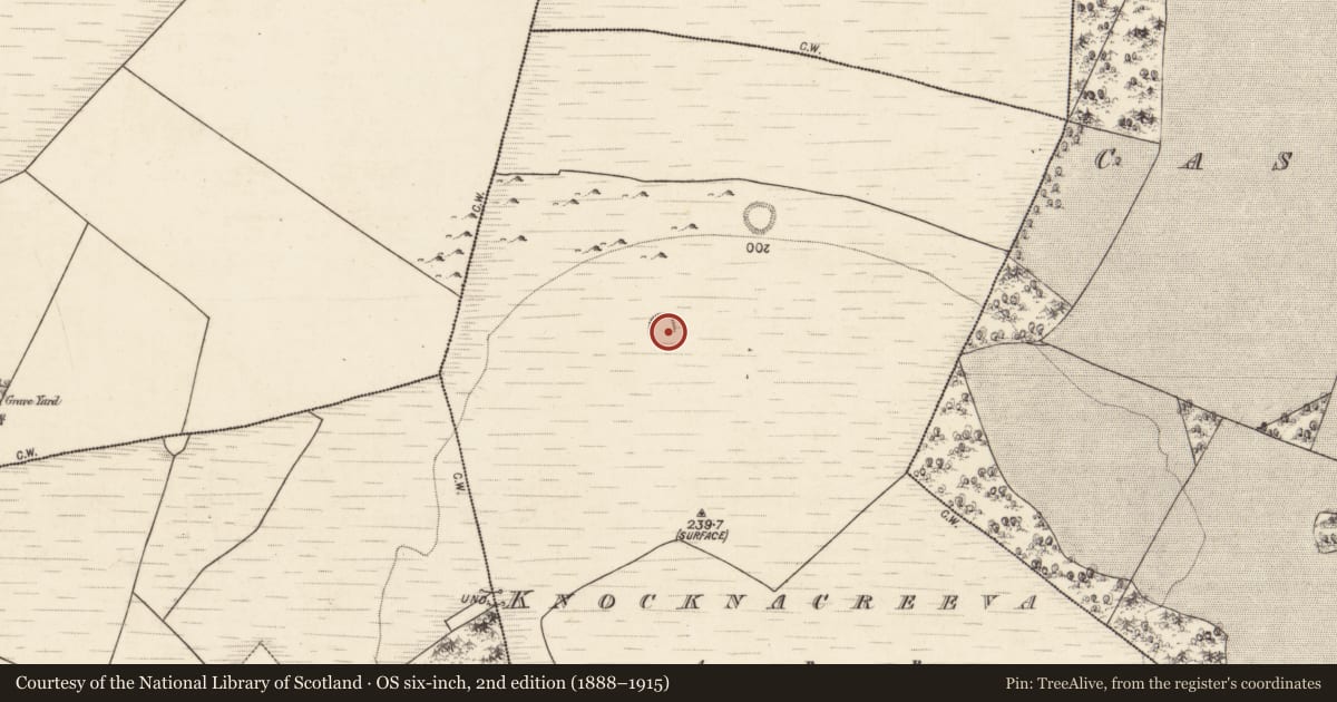 Ordnance Survey six-inch map, 2nd edition (1888–1915) covering the location of Ringfort - cashel, Knocknacreeva, County Galway, with a pin at the register's coordinates