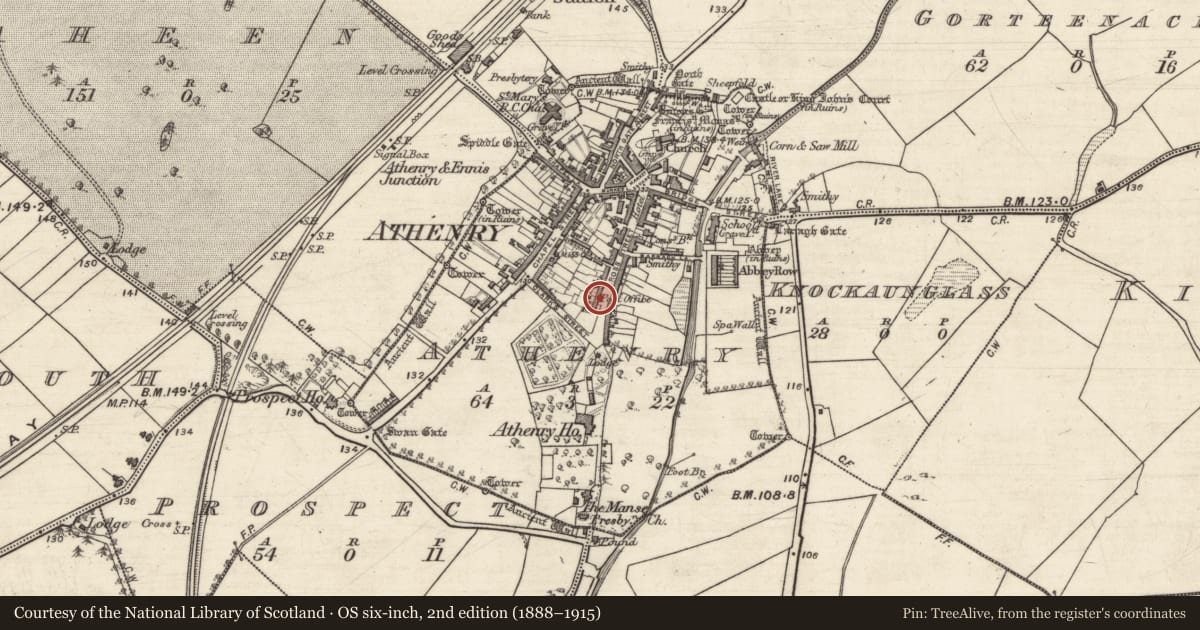 Ordnance Survey six-inch map, 2nd edition (1888–1915) covering the location of Town defences, Athenry, County Galway, with a pin at the register's coordinates