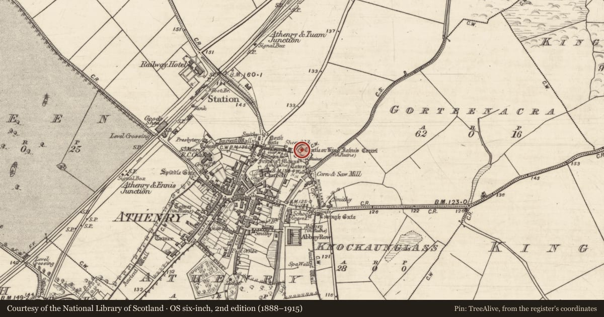 Ordnance Survey six-inch map, 2nd edition (1888–1915) covering the location of Castle - Anglo-Norman masonry castle, Athenry, County Galway, with a pin at the register's coordinates