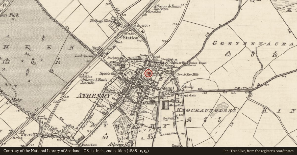 Ordnance Survey six-inch map, 2nd edition (1888–1915) covering the location of Church, Athenry, County Galway, with a pin at the register's coordinates