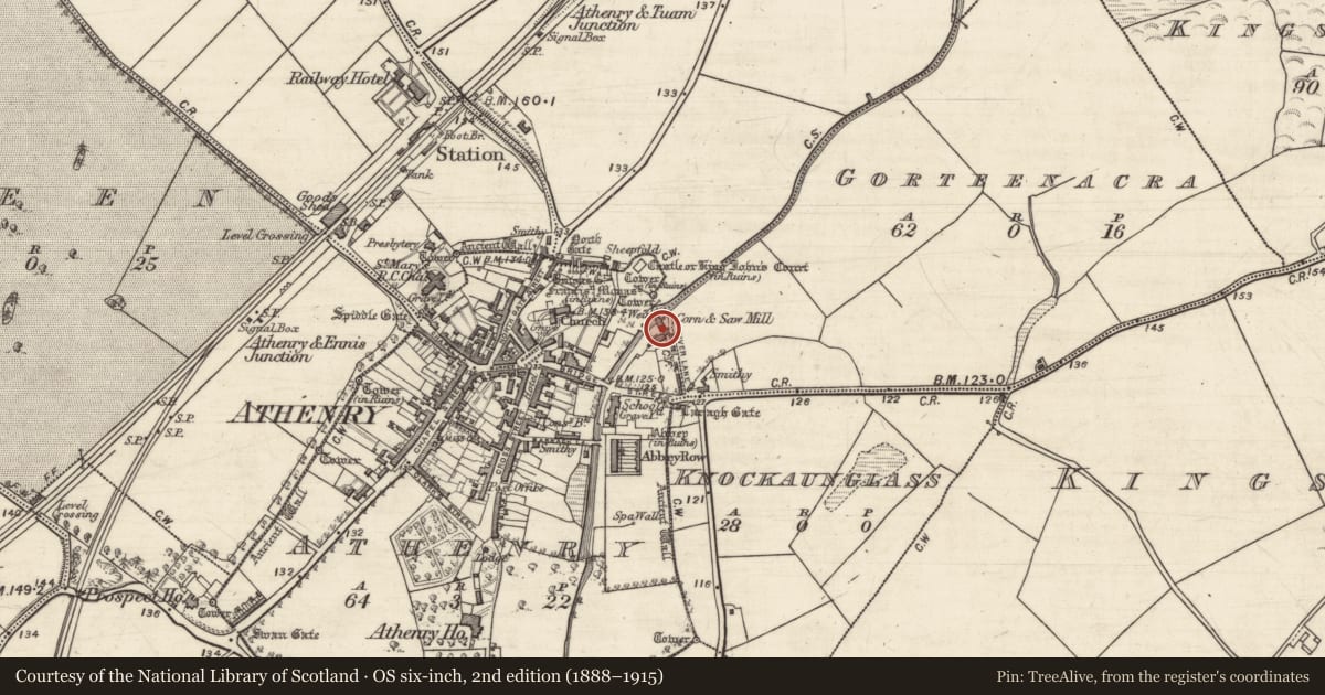 Ordnance Survey six-inch map, 2nd edition (1888–1915) covering the location of Mill - corn, Athenry, County Galway, with a pin at the register's coordinates