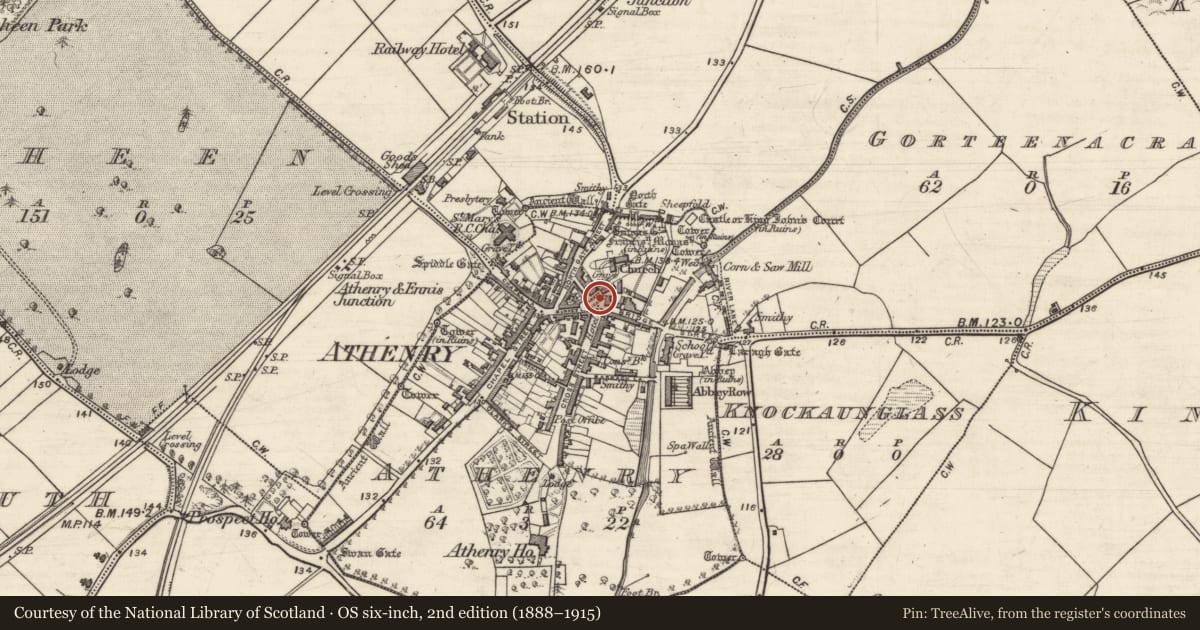 Ordnance Survey six-inch map, 2nd edition (1888–1915) covering the location of Cross - Market cross, Athenry, County Galway, with a pin at the register's coordinates