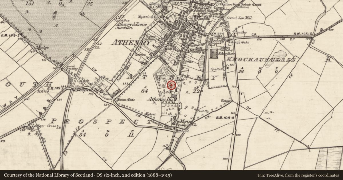 Ordnance Survey six-inch map, 2nd edition (1888–1915) covering the location of Dovecote, Athenry, County Galway, with a pin at the register's coordinates
