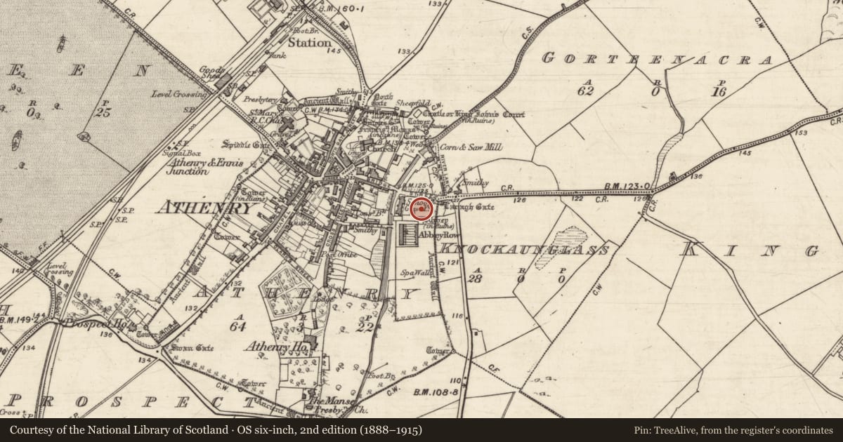 Ordnance Survey six-inch map, 2nd edition (1888–1915) covering the location of Graveyard, Athenry, County Galway, with a pin at the register's coordinates