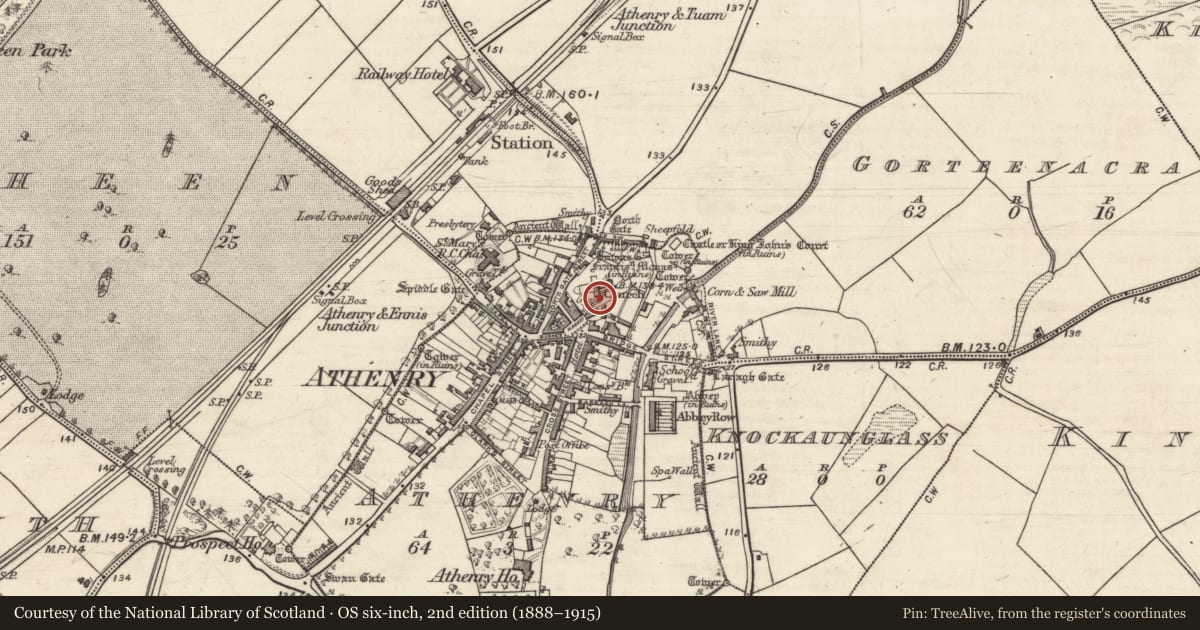 Ordnance Survey six-inch map, 2nd edition (1888–1915) covering the location of Graveslab, Athenry, County Galway, with a pin at the register's coordinates
