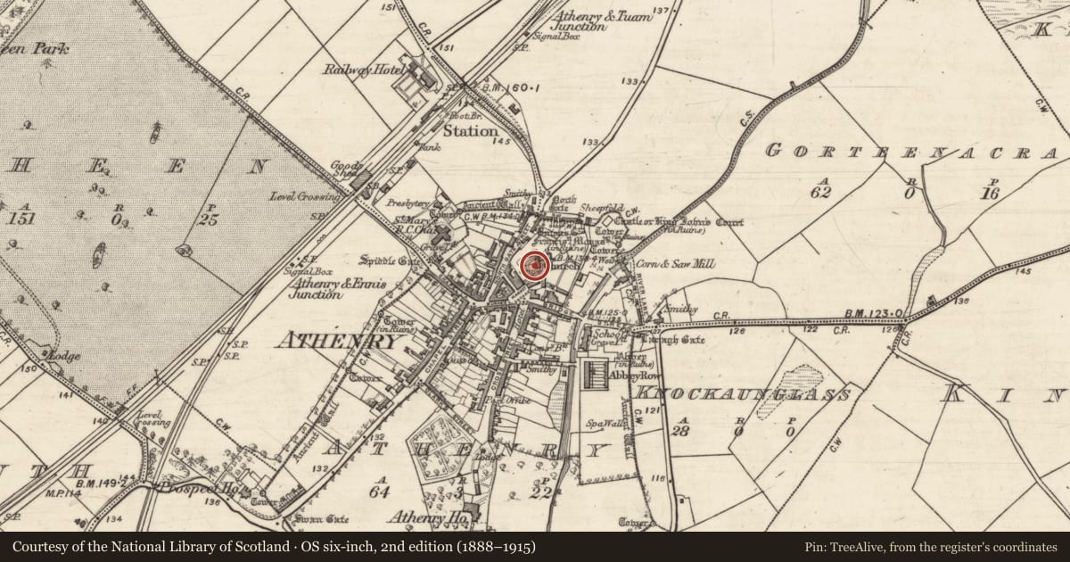 Ordnance Survey six-inch map, 2nd edition (1888–1915) covering the location of Graveslab, Athenry, County Galway, with a pin at the register's coordinates