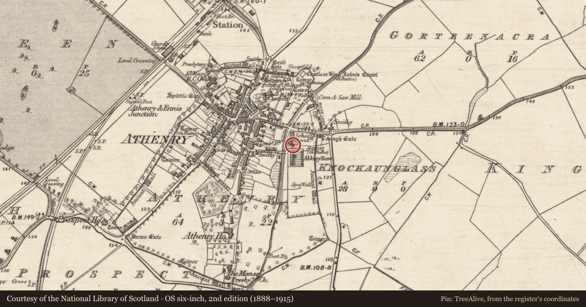 Ordnance Survey six-inch map, 2nd edition (1888–1915) covering the location of Graveslab, Athenry, County Galway, with a pin at the register's coordinates