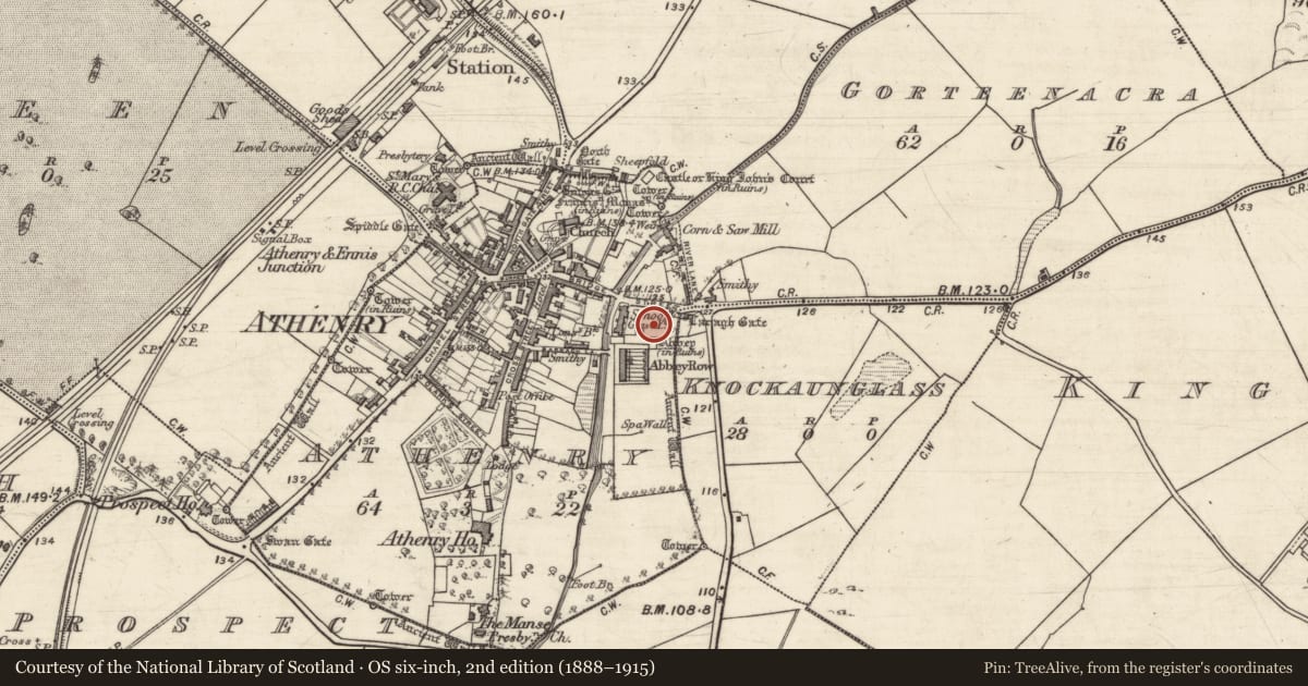 Ordnance Survey six-inch map, 2nd edition (1888–1915) covering the location of Graveslab, Athenry, County Galway, with a pin at the register's coordinates