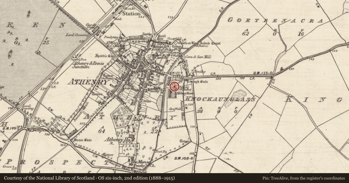 Ordnance Survey six-inch map, 2nd edition (1888–1915) covering the location of Wall monument, Athenry, County Galway, with a pin at the register's coordinates