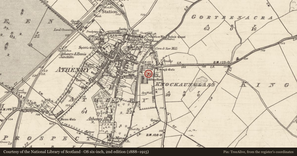 Ordnance Survey six-inch map, 2nd edition (1888–1915) covering the location of Graveslab, Athenry, County Galway, with a pin at the register's coordinates