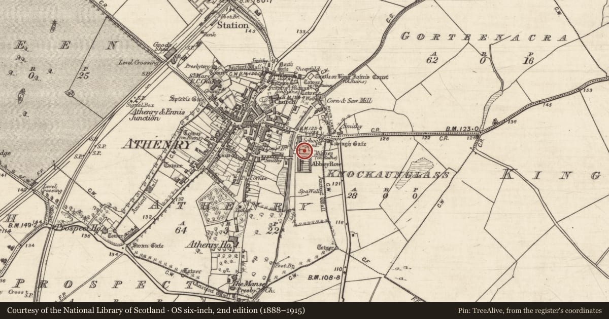 Ordnance Survey six-inch map, 2nd edition (1888–1915) covering the location of Graveslab, Athenry, County Galway, with a pin at the register's coordinates