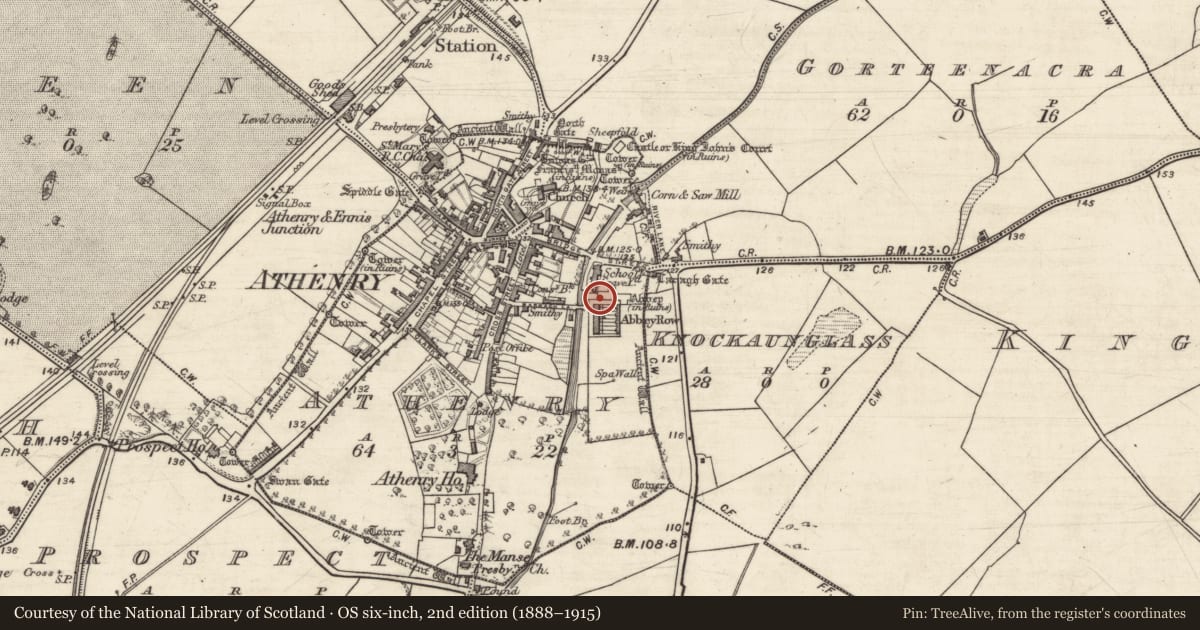 Ordnance Survey six-inch map, 2nd edition (1888–1915) covering the location of Graveslab, Athenry, County Galway, with a pin at the register's coordinates