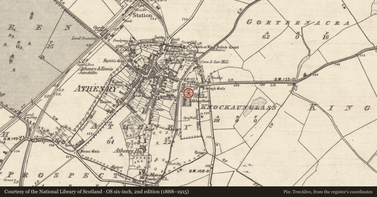 Ordnance Survey six-inch map, 2nd edition (1888–1915) covering the location of Graveslab, Athenry, County Galway, with a pin at the register's coordinates