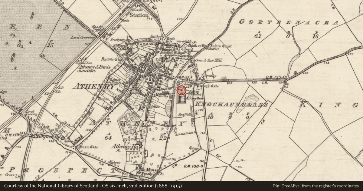 Ordnance Survey six-inch map, 2nd edition (1888–1915) covering the location of Graveslab, Athenry, County Galway, with a pin at the register's coordinates