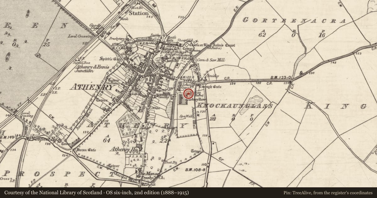 Ordnance Survey six-inch map, 2nd edition (1888–1915) covering the location of Cross, Athenry, County Galway, with a pin at the register's coordinates