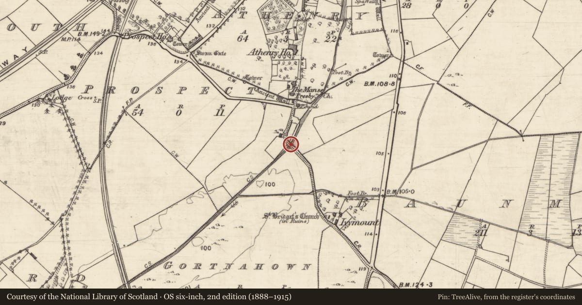 Ordnance Survey six-inch map, 2nd edition (1888–1915) covering the location of Bridge, County Galway, with a pin at the register's coordinates