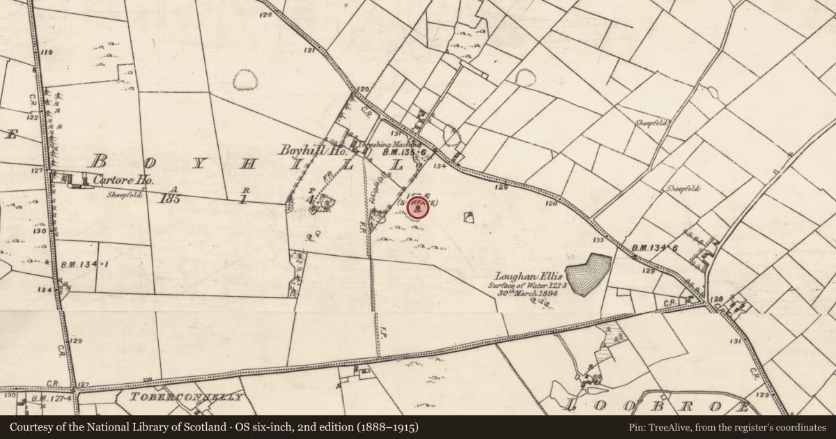 Ordnance Survey six-inch map, 2nd edition (1888–1915) covering the location of Enclosure, Boyhill, County Galway, with a pin at the register's coordinates